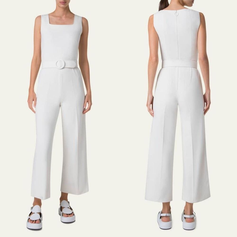 AKRIS Punto Square Neck Sleeveless Belted Jersey Crop Jumpsuit White US10 $1290